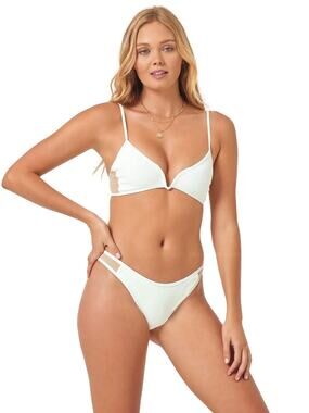L*Space Macey White V Underwire Mesh Ribbed Bralette Bikini Swimsuit Top Size L
